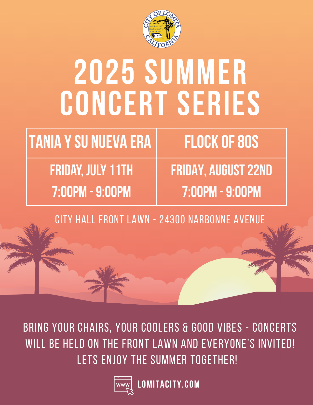Flyer with Lomita's 2025 Summer Concert Series Info