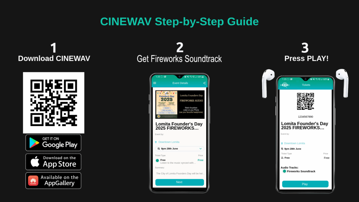 Flyer with instructions from Cinewav for the Founders Day 2025 Fireworks Show