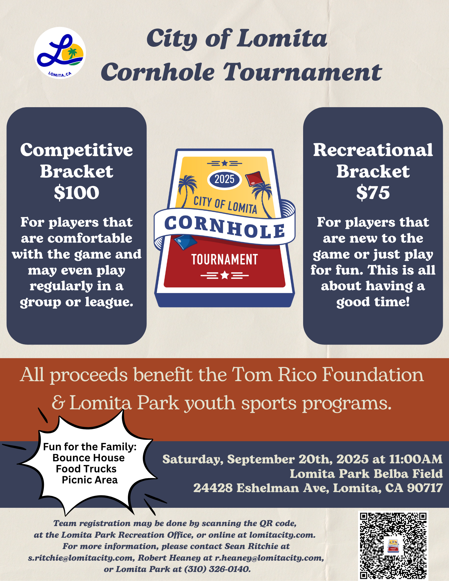 Flyer with information about Lomita's Annual Cornhole Tournament