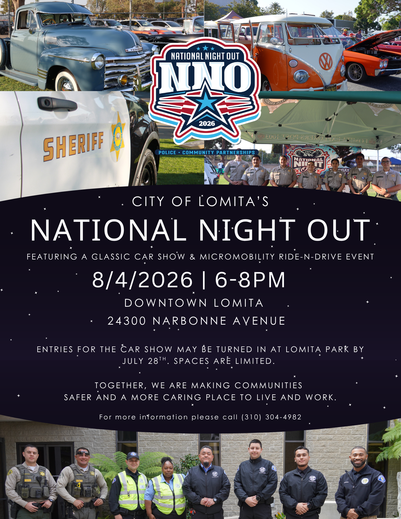 Event flyer for City of Lomita’s National Night Out on August 4, 2026, from 6:00 PM to 8:00 PM in Downtown Lomita at 24300 Narbonne Avenue. The flyer features a collage of classic cars, a sheriff's vehicle, and local law enforcement and community officers. It highlights a Classic Car Show and Micromobility Ride-N-Drive event. Text states that car show entries are due at Lomita Park by July 28th and spaces are limited. For more information, call (310) 304-4982.