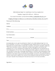 2026 National Night Out and Classic Car Show Application form for the City of Lomita. The form lists the event date as Tuesday, August 4th, from 6:00 p.m. to 8:00 p.m., noting that staging begins at 4:00 p.m. on a first-come, first-served basis with no re-entry. It includes fillable fields for Name, Address, City, ZIP code, Email address, Car Make, Model, and Year. Contact information is provided for Emma Kelley at e.kelley@lomitacity.com. The bottom includes a liability waiver statement and lines for a Signature and Date.