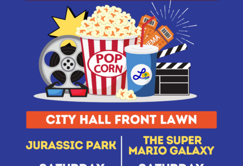 "Movies Under the Stars" presented by the City of Lomita on the City Hall Front Lawn. Shows dates for Jurassic Park on July 18th and The Super Mario Galaxy on August 15th.