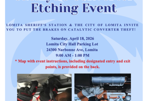 Lomita Catalytic Converter Etching event on April 18 from 9 a.m.-1 p.m. in the Lomita City Hall parking lot