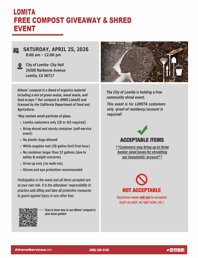 Free Compost Giveaway and Shred Event for Lomita residents on April 25 from 8 a.m.-12 p.m. at Lomita City Hall
