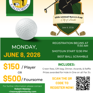 Flyer for the 17th Annual City of Lomita Mayors Cup golf tournament, featuring a golfer silhouette, a golf ball, and event details for June 8, 2026, at Rio Hondo Golf Club.