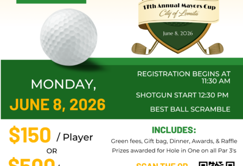 Flyer for the 17th Annual City of Lomita Mayors Cup golf tournament, featuring a golfer silhouette, a golf ball, and event details for June 8, 2026, at Rio Hondo Golf Club.