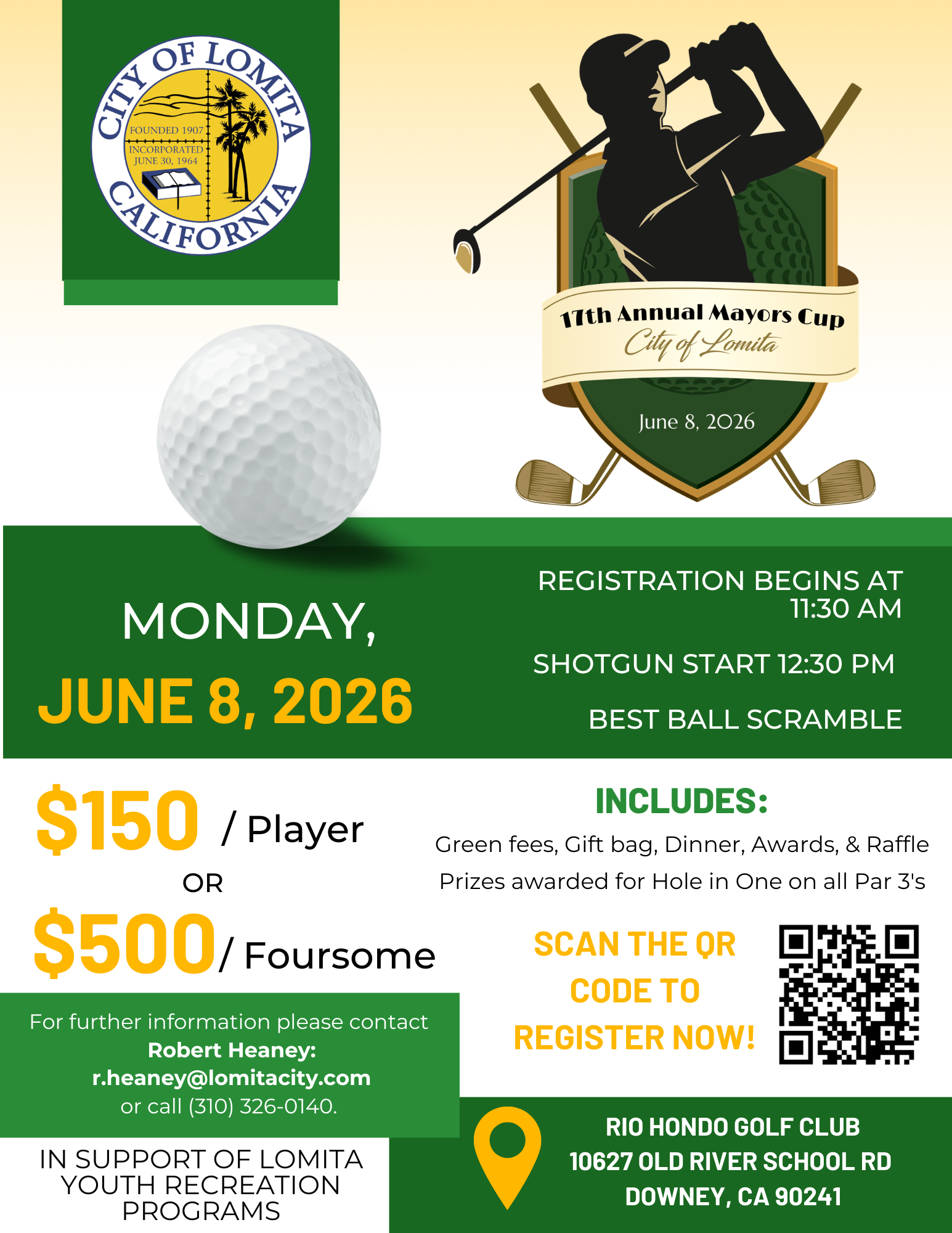 Flyer for the 17th Annual City of Lomita Mayors Cup golf tournament, featuring a golfer silhouette, a golf ball, and event details for June 8, 2026, at Rio Hondo Golf Club.