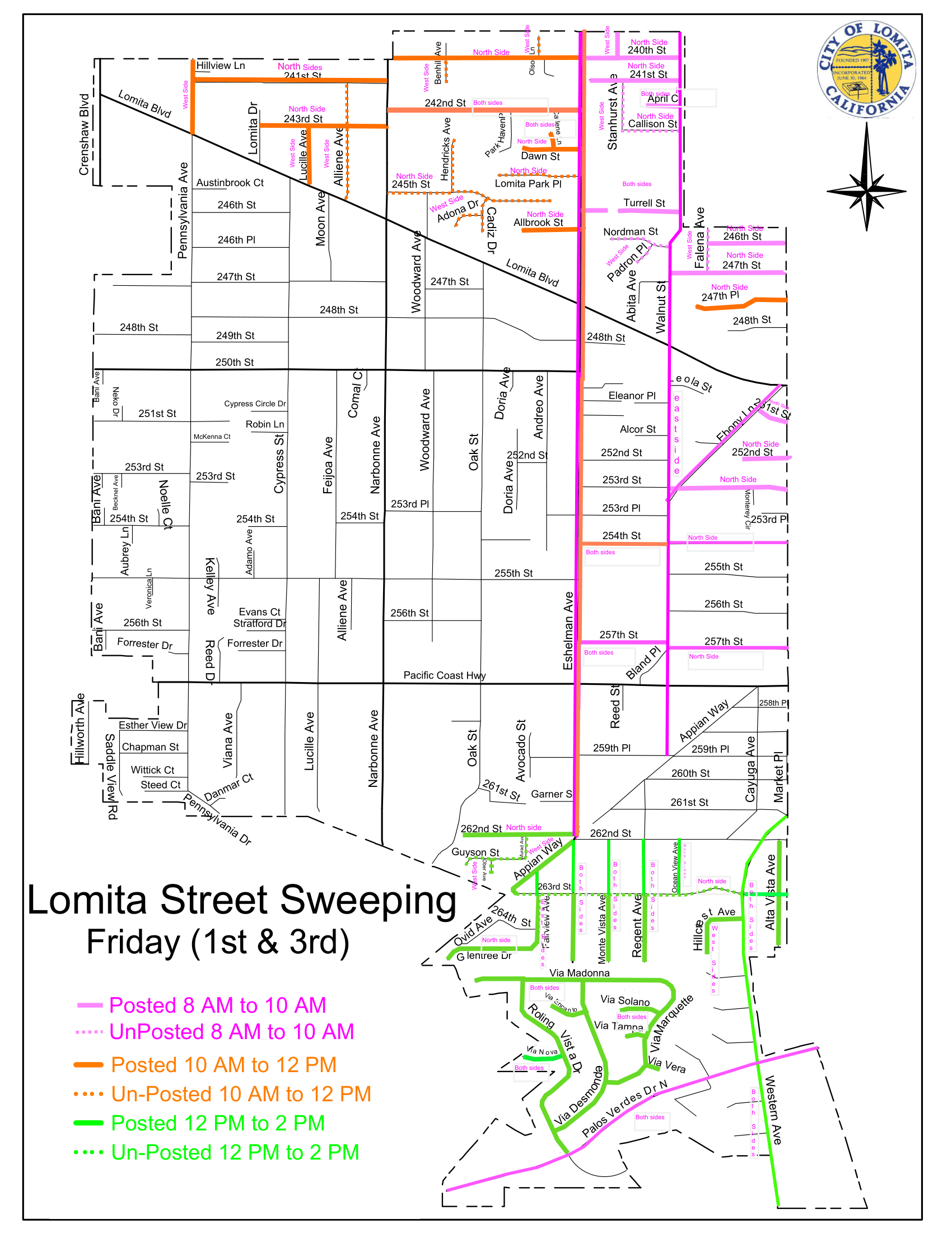 City of Lomita street sweeping schedule map for the 1st and 3rd Fridays of the month. Color-coded routes outline sweeping time frames: Pink for posted and unposted 8:00 AM to 10:00 AM along main north-south corridors (like Eshelman Ave) and northeast/east residential blocks; Orange for posted and unposted 10:00 AM to 12:00 PM along northern streets (including 241st St, 243rd St, and Benhill Ave); and Green for posted and unposted 12:00 PM to 2:00 PM covering southern neighborhood routes such as Appian Way, Monte Vista Ave, Regent Ave, and Rolling Vista Dr.