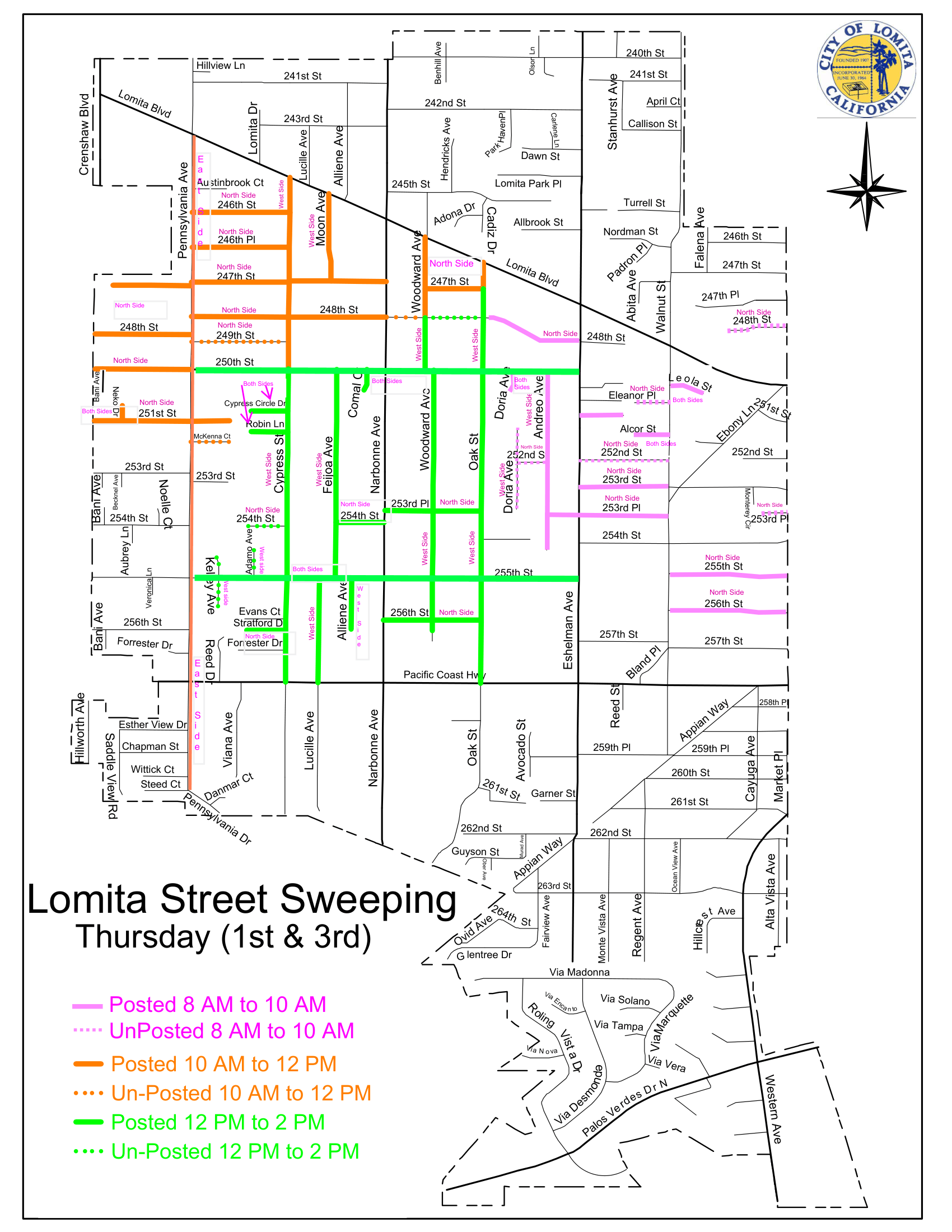 City of Lomita street sweeping schedule map for the 1st and 3rd Thursdays of the month. Color-coded routes show sweeping time slots: Pink for posted and unposted 8:00 AM to 10:00 AM in the eastern residential sectors; Orange for posted and unposted 10:00 AM to 12:00 PM along northern avenues; and Green for posted and unposted 12:00 PM to 2:00 PM covering central avenues like Woodward, Oak, Cypress, and 255th Street.