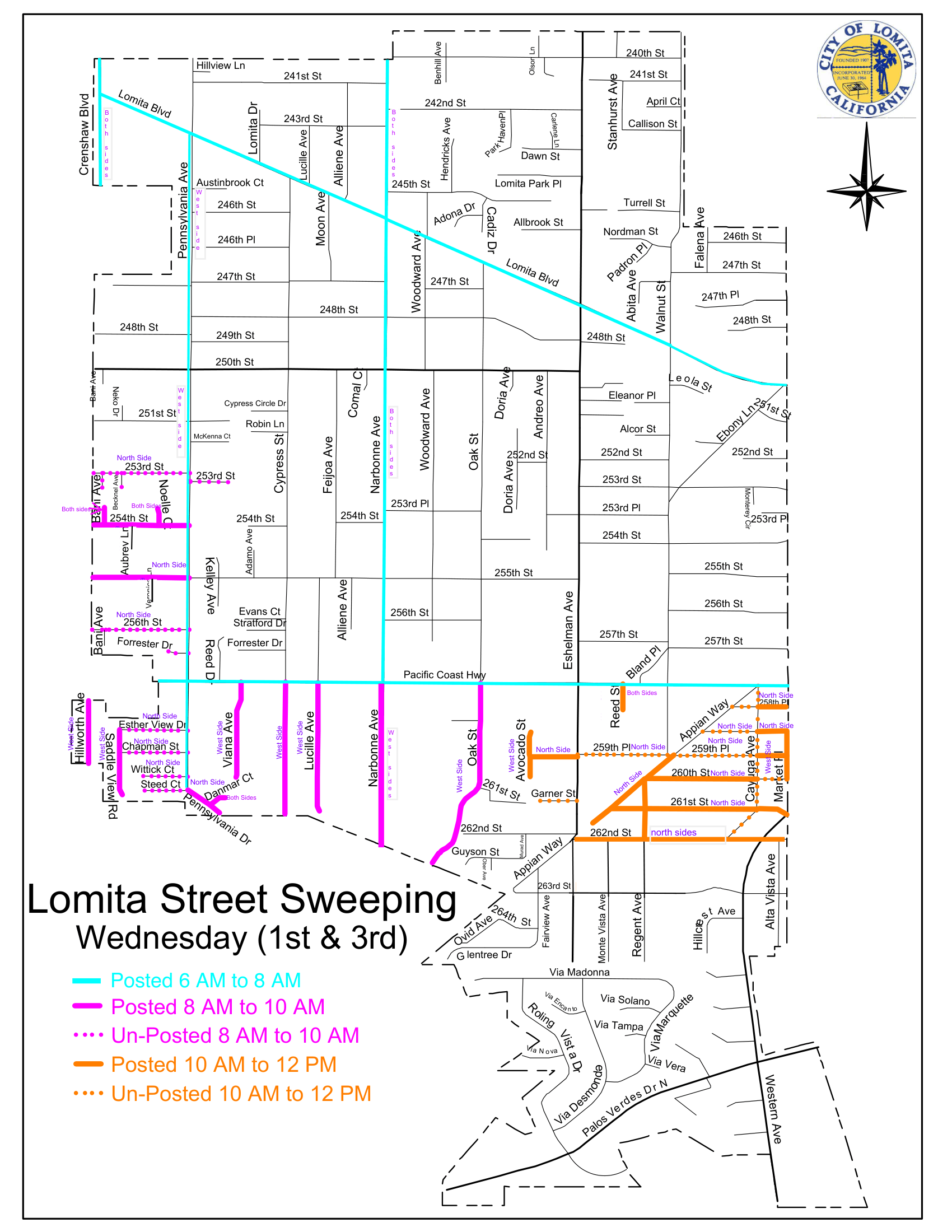 City of Lomita street sweeping schedule map for the 1st and 3rd Wednesdays of the month. Color-coded routes indicate sweeping times: Light Blue for posted 6:00 AM to 8:00 AM along major corridors including Lomita Blvd, Narbonne Ave, and Pennsylvania Ave; Magenta/Pink for posted and unposted 8:00 AM to 10:00 AM in southwestern residential streets; and Orange for posted and unposted 10:00 AM to 12:00 PM in the southeastern neighborhood routes around Appian Way and Cayuga Ave.