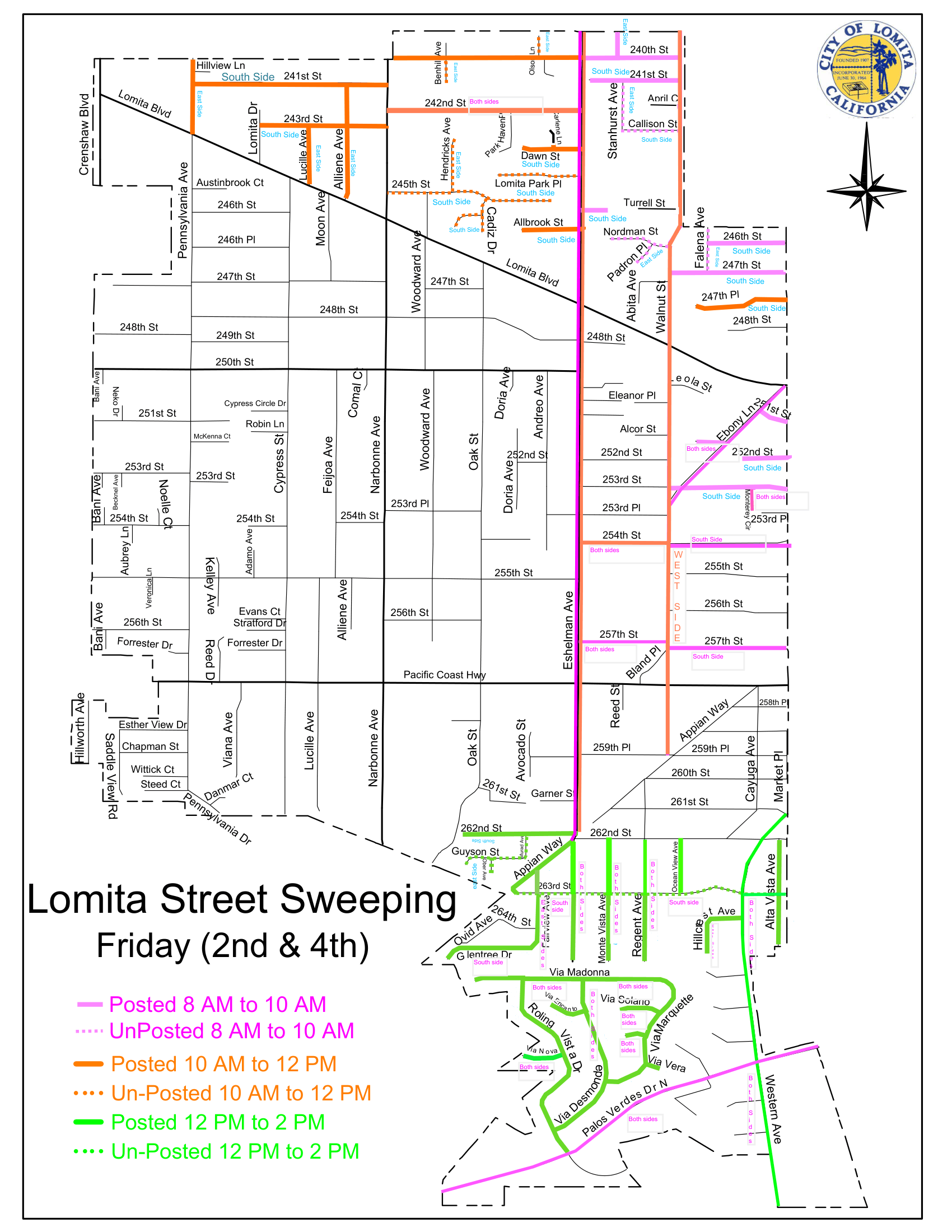 City of Lomita street sweeping schedule map for the 2nd and 4th Fridays of the month. Color-coded routes show time windows: Magenta/Pink for posted and unposted 8:00 AM to 10:00 AM along Eshelman Ave, 250th St, and eastern residential streets; Orange for posted and unposted 10:00 AM to 12:00 PM along 241st St, Stanhurst Ave, and Walnut St; and Green for posted and unposted 12:00 PM to 2:00 PM covering southern residential areas including Rolling Vista Dr, Via Desmonde, and Western Ave.