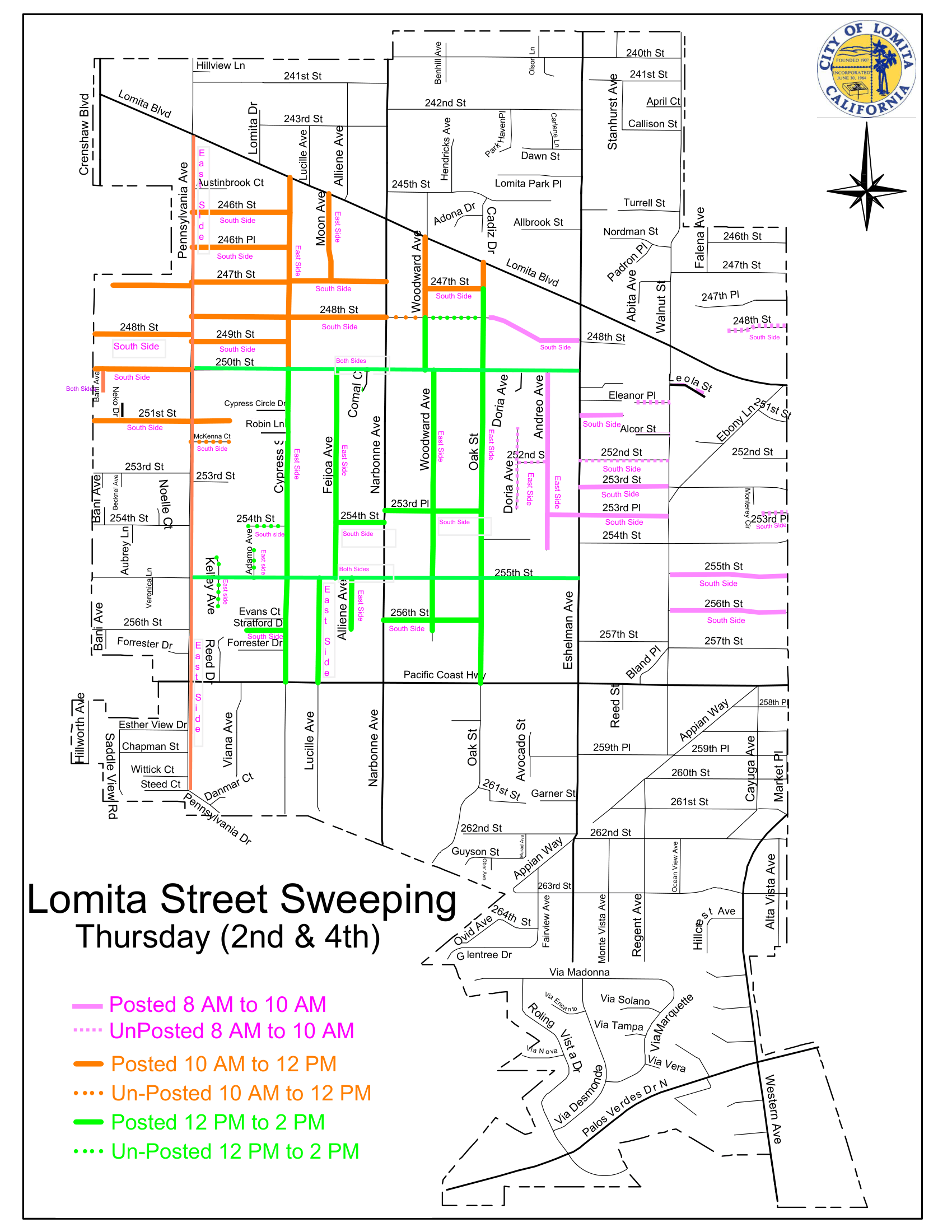 City of Lomita street sweeping schedule map for the 2nd and 4th Thursdays of the month. Color-coded routes highlight time slots: Orange for posted and unposted 10:00 AM to 12:00 PM across northern cross-streets (246th St through 248th St) and western residential routes; Green for posted and unposted 12:00 PM to 2:00 PM across central grid streets and avenues like Cypress St and Oak St; and Pink for posted and unposted 8:00 AM to 10:00 AM in eastern neighborhood blocks.