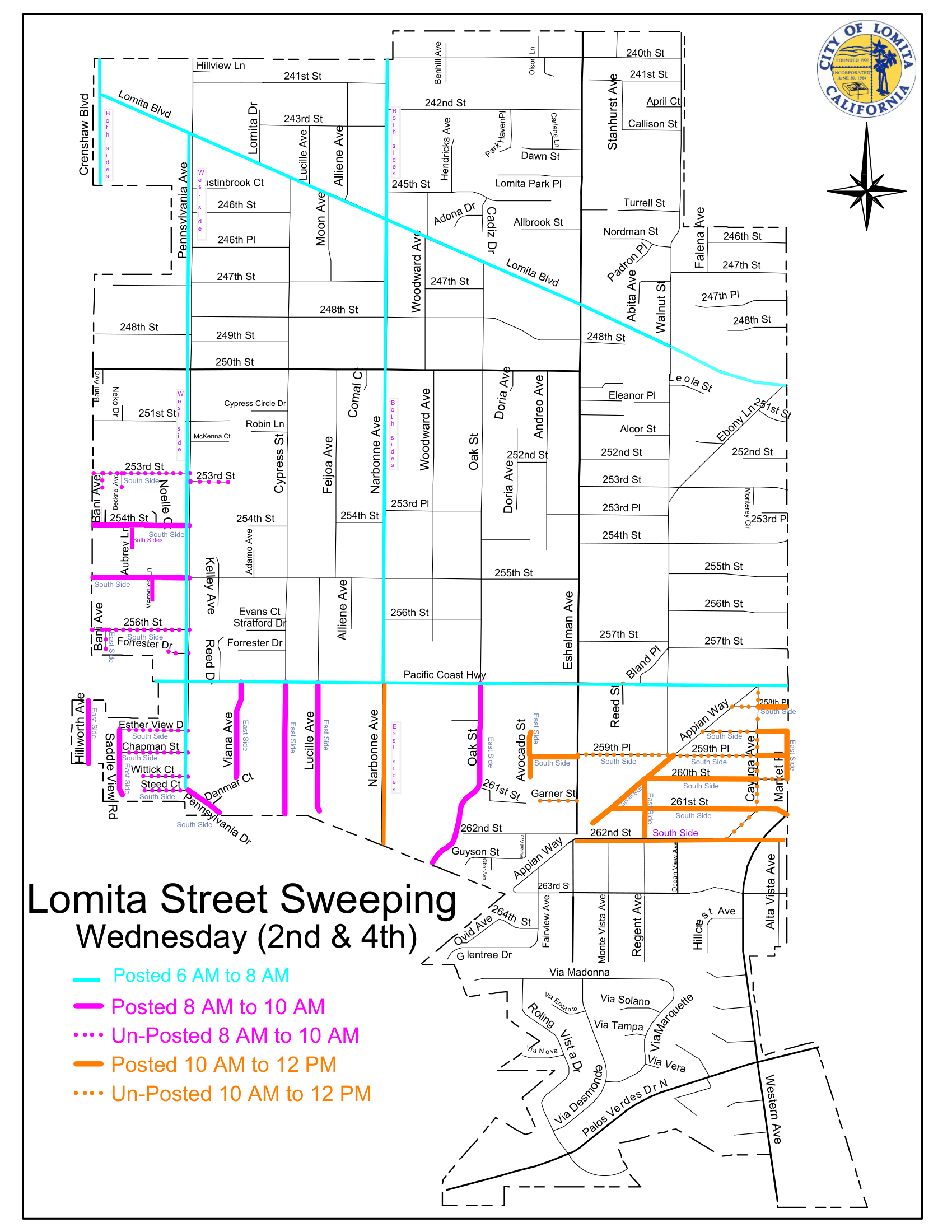 City of Lomita street sweeping schedule map for the 2nd and 4th Wednesdays of the month. Color-coded routes indicate schedules: Light Blue for posted 6:00 AM to 8:00 AM along primary thoroughfares including Lomita Blvd, Narbonne Ave, and Pacific Coast Hwy; Magenta/Pink for posted and unposted 8:00 AM to 10:00 AM across southwestern residential corridors (Viana Ave, Lucille Ave, Oak St); and Orange for posted and unposted 10:00 AM to 12:00 PM in southeastern neighborhoods near Appian Way and Market Pl.