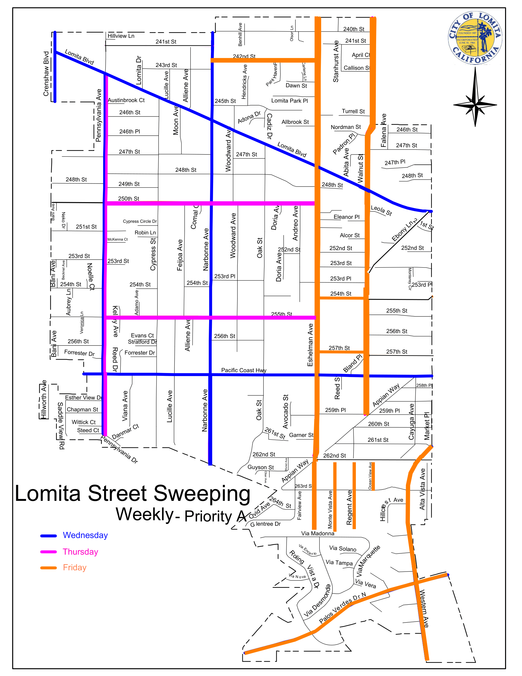 City of Lomita weekly street sweeping overview map for Priority A routes. Color-coded lines denote the sweeping day of the week: Blue lines represent Wednesday sweeping along major arterial roads like Lomita Blvd, Pennsylvania Ave, and Narbonne Ave; Magenta lines represent Thursday sweeping along key collector streets like 250th St, 255th St, and Eshelman Ave; and Orange lines represent Friday sweeping along eastern and southern corridors including Western Ave, Walnut St, and Stanhurst Ave.