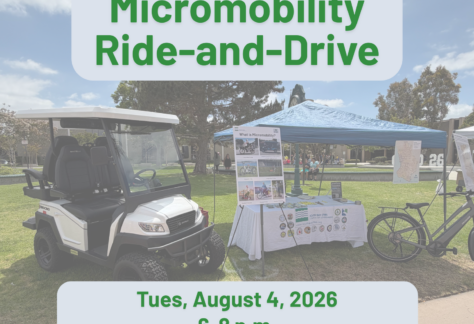 Promotional flyer for City of Lomita’s National Night Out Micromobility Ride-and-Drive on Tuesday, August 4, 2026, from 6–8 p.m. Features an outdoor event display with a white Neighborhood Electric Vehicle, an e-bike, and an information booth.