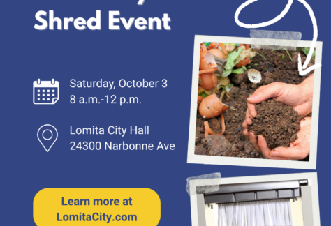 Promotional event flyer set against a blue background with ripped paper accents at the top and bottom. The headline reads "Free Compost Giveaway and Shred Event" in bold white text. Event details indicate it takes place on Saturday, October 3, from 8 a.m. to 12 p.m. at Lomita City Hall, located at 24300 Narbonne Ave. A yellow button prompts readers to "Learn more at LomitaCity.com". The right side features two Polaroid-style photos taped to the flyer: the top image displays hands holding rich compost soil next to food scraps and eggshells, pointed to by a drawn white arrow, while the bottom image shows paper actively being processed through a shredder. The bottom of the flyer displays official logos for the City of Lomita, California, and Athens Services.