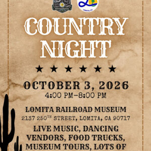 Western-style event flyer with a parchment paper background, cacti silhouettes, and stitching details. At the top are logos for the Lomita Railroad Museum and the City of Lomita. Title reads "Country Night" above six black stars. Event details: October 3, 2026, 4:00 PM–8:00 PM at Lomita Railroad Museum, 2137 250th Street, Lomita, CA 90717. Listed activities include live music, dancing, vendors, food trucks, museum tours, and family fun.