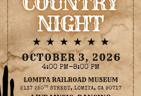 Western-style event flyer with a parchment paper background, cacti silhouettes, and stitching details. At the top are logos for the Lomita Railroad Museum and the City of Lomita. Title reads "Country Night" above six black stars. Event details: October 3, 2026, 4:00 PM–8:00 PM at Lomita Railroad Museum, 2137 250th Street, Lomita, CA 90717. Listed activities include live music, dancing, vendors, food trucks, museum tours, and family fun.