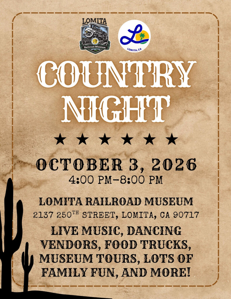 Western-style event flyer with a parchment paper background, cacti silhouettes, and stitching details. At the top are logos for the Lomita Railroad Museum and the City of Lomita. Title reads "Country Night" above six black stars. Event details: October 3, 2026, 4:00 PM–8:00 PM at Lomita Railroad Museum, 2137 250th Street, Lomita, CA 90717. Listed activities include live music, dancing, vendors, food trucks, museum tours, and family fun.