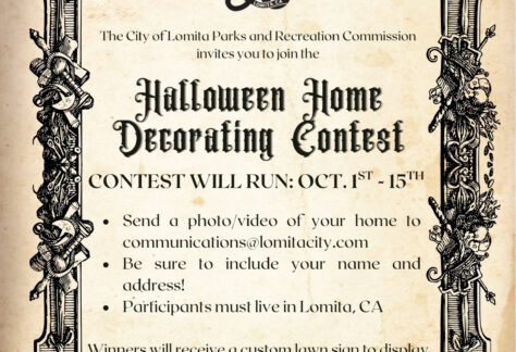 Vintage-style flyer featuring an intricate black ornate border around a parchment background with the City of Lomita logo at the top. Text reads: "The City of Lomita Parks and Recreation Commission invites you to join the Halloween Home Decorating Contest. Contest will run: Oct. 1st - 15th." Instructions state to send a photo/video of your home along with your name and address to communications@lomitacity.com. Note: Participants must live in Lomita, CA. Winners will receive a custom lawn sign to display in their yard.