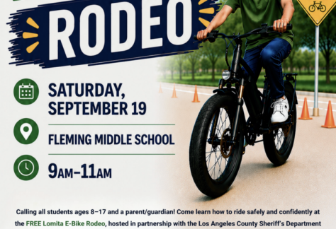 Flyer for the City of Lomita E-Bike Rodeo on Saturday, September 19, from 9:00 AM to 11:00 AM at Fleming Middle School for students ages 8–17 and parents/guardians. Includes safety training details, what to bring, and registration information.