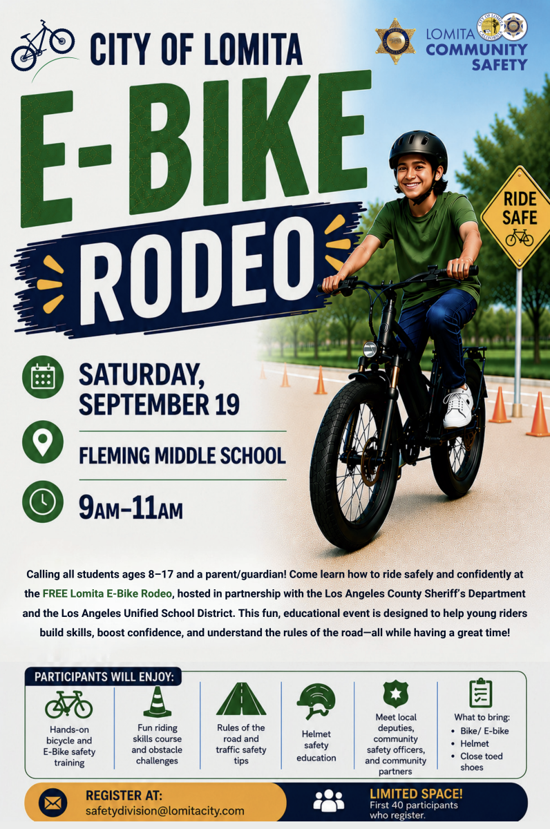 Flyer for the City of Lomita E-Bike Rodeo on Saturday, September 19, from 9:00 AM to 11:00 AM at Fleming Middle School for students ages 8–17 and parents/guardians. Includes safety training details, what to bring, and registration information.
