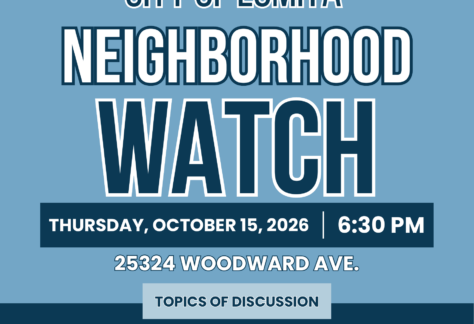 Promotional flyer for the City of Lomita Community Safety Neighborhood Watch Community Meeting. The top left contains logos for the City of Lomita, California, and the Los Angeles County Sheriff's Department alongside text reading "Lomita Community Safety". The main heading reads "Community Meeting, City of Lomita Neighborhood Watch" in large cursive and block letters. Event details state the meeting will take place on Thursday, October 15, 2026, at 6:30 PM at 25324 Woodward Ave. The Topics of Discussion section invites residents to join the City of Lomita's new Neighborhood Watch Program alongside the Community Safety Division and the Los Angeles County Sheriff's Department (LASD) to build neighborhood connections, learn crime prevention and concern reporting, and explore resources such as Vacation Checks, wellness visits, and online reporting tools. The bottom section notes the meeting is presented "In Partnership With: Los Angeles Sheriffs Department" with a Sheriff's star logo. Contact information lists Email: safetydivision@lomitacity.com and Phone: 310-325-7110 Ext. 163.