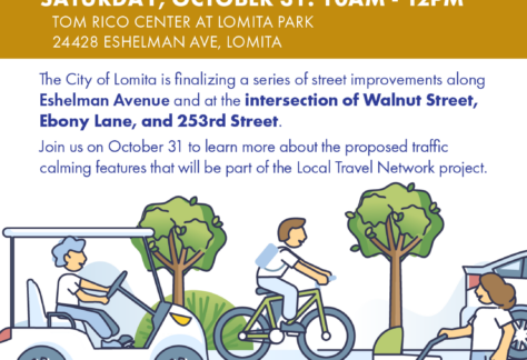 Community Meeting graphic for Lomita Local Travel Network on Saturday, Oct 31, 10am-12pm at Tom Rico Center.